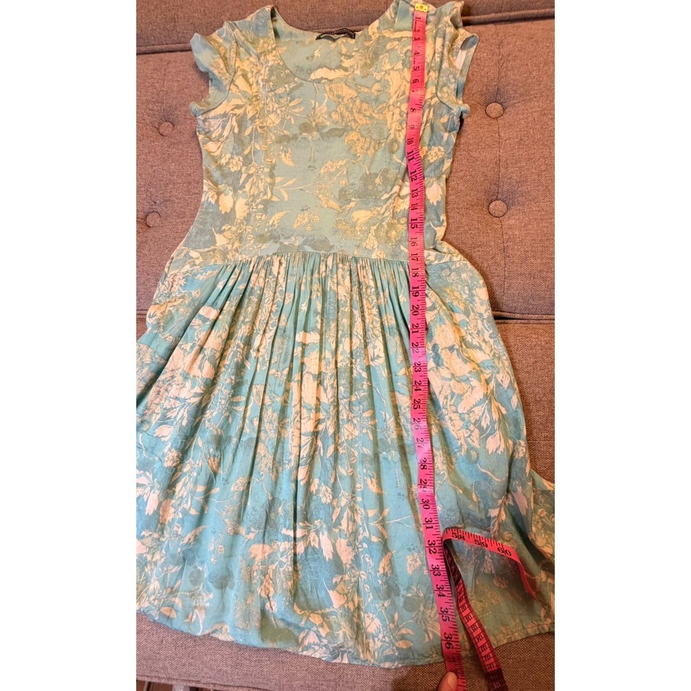 Peruvian Connection White Lotus Aqua Floral Fit & Flare Dress Small Pockets - Picture 13 of 14